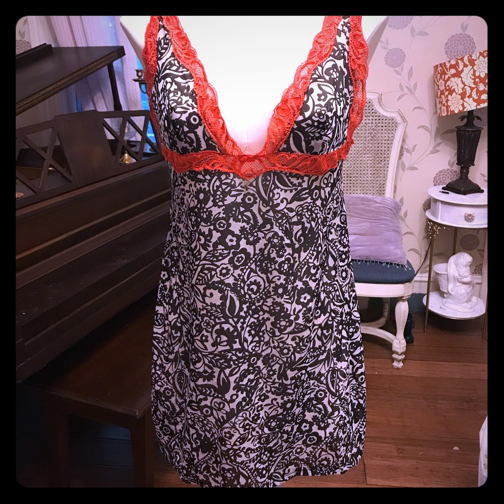 Victoria's Secret Black and White Floral Chemise with Red Lace